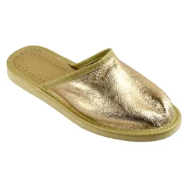 Złote kapcie pantofle damskie ze skórą licowaną na cholewce - numer 334