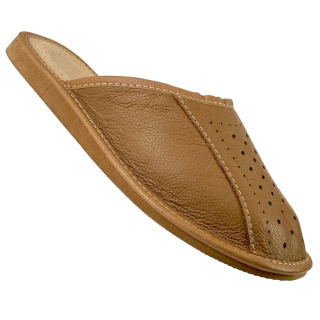 Męskie kapcie skórzane, wytrzymałe Pantofle domowe męskie ze skóry naturalnej - GOLD LINE