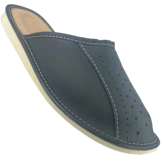 Męskie szare kapcie skórzane, wytrzymałe Pantofle domowe męskie ze skóry naturalnej - GOLD LINE