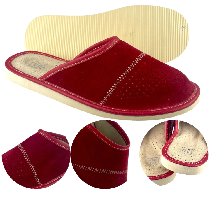 Zamszowe czerwone kapcie męskie, skórzane pantofle męskie welurowe