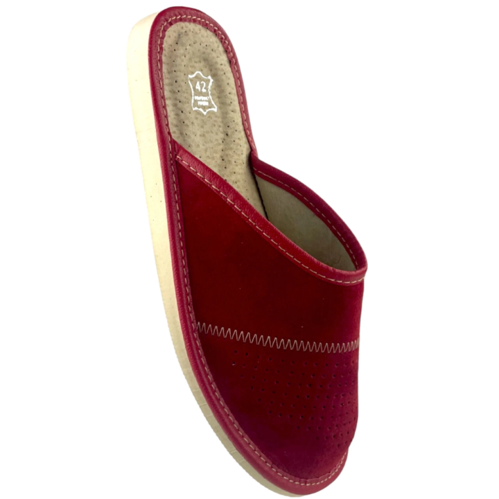 Zamszowe czerwone kapcie męskie, skórzane pantofle męskie welurowe