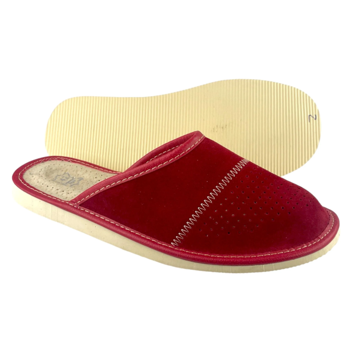 Zamszowe czerwone kapcie męskie, skórzane pantofle męskie welurowe