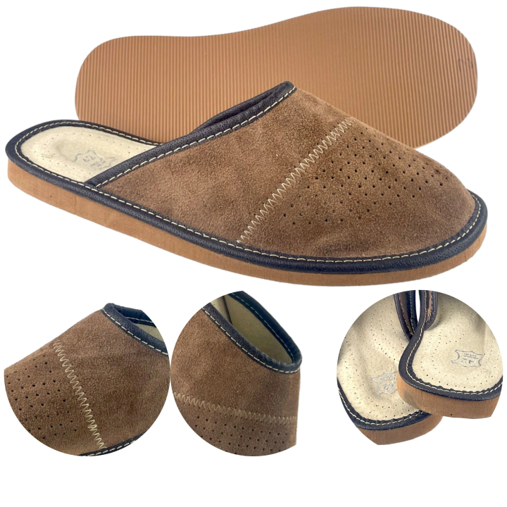 Zamszowe brązowe kapcie męskie, skórzane pantofle męskie welurowe- numer 364