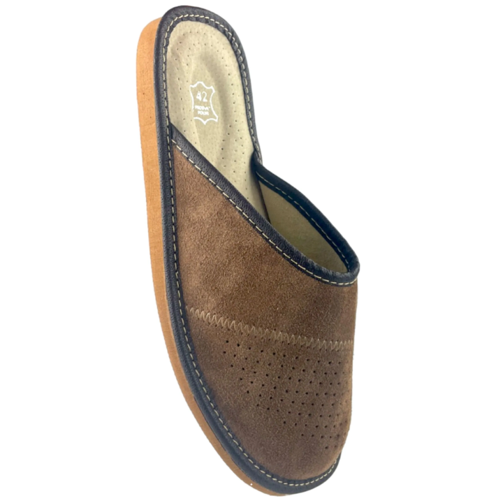 Zamszowe brązowe kapcie męskie, skórzane pantofle męskie welurowe- numer 364