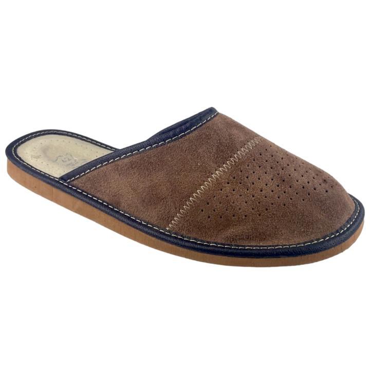 Zamszowe brązowe kapcie męskie, skórzane pantofle męskie welurowe- numer 364