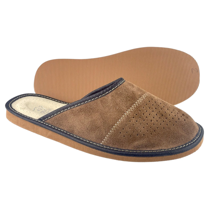 Zamszowe brązowe kapcie męskie, skórzane pantofle męskie welurowe- numer 364