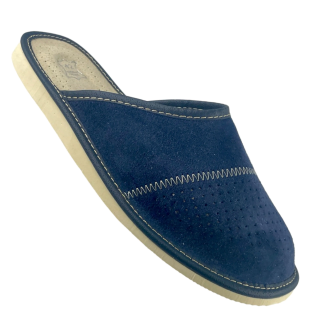Zamszowe granatowe kapcie męskie, skórzane pantofle męskie welurowe