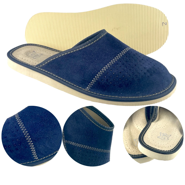 Zamszowe granatowe kapcie męskie, skórzane pantofle męskie welurowe