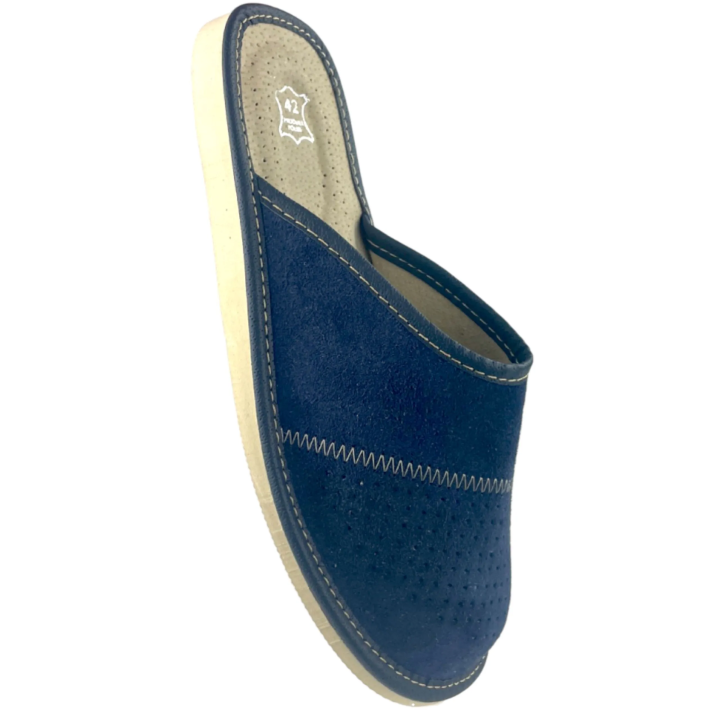 Zamszowe granatowe kapcie męskie, skórzane pantofle męskie welurowe