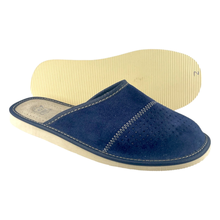 Zamszowe granatowe kapcie męskie, skórzane pantofle męskie welurowe