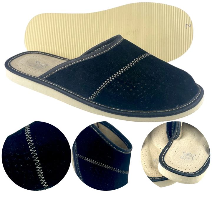 Zamszowe czarne kapcie męskie, skórzane pantofle męskie welurowe