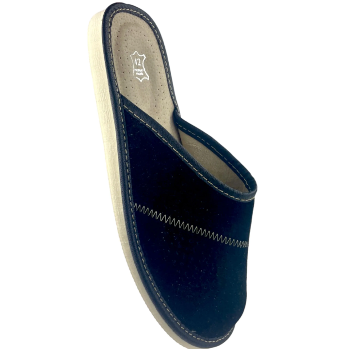 Zamszowe czarne kapcie męskie, skórzane pantofle męskie welurowe