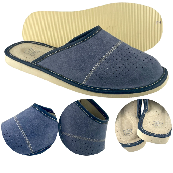 Zamszowe szare kapcie męskie, skórzane pantofle męskie welurowe