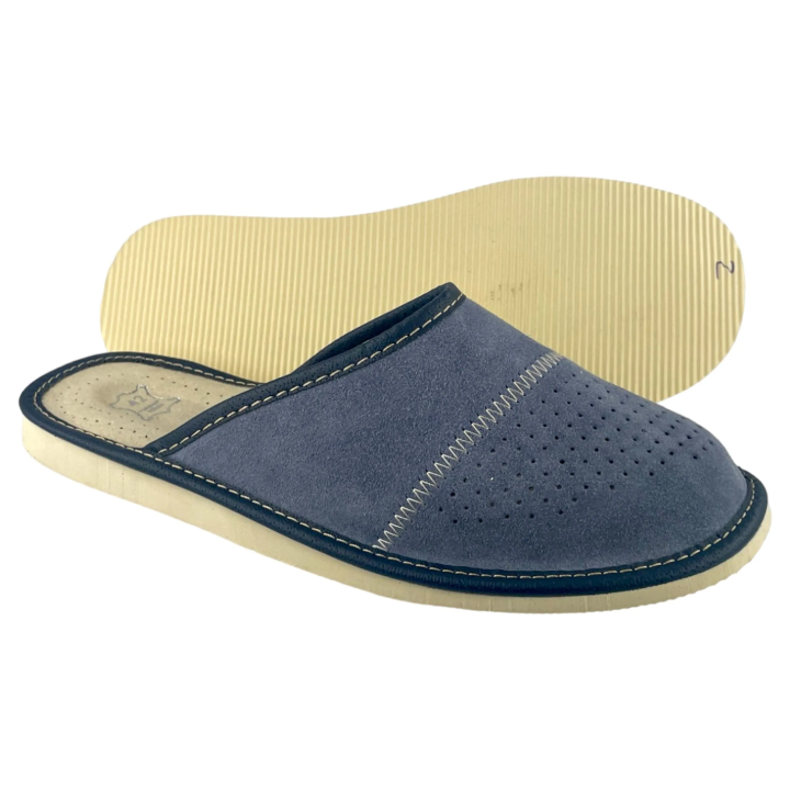 Zamszowe szare kapcie męskie, skórzane pantofle męskie welurowe