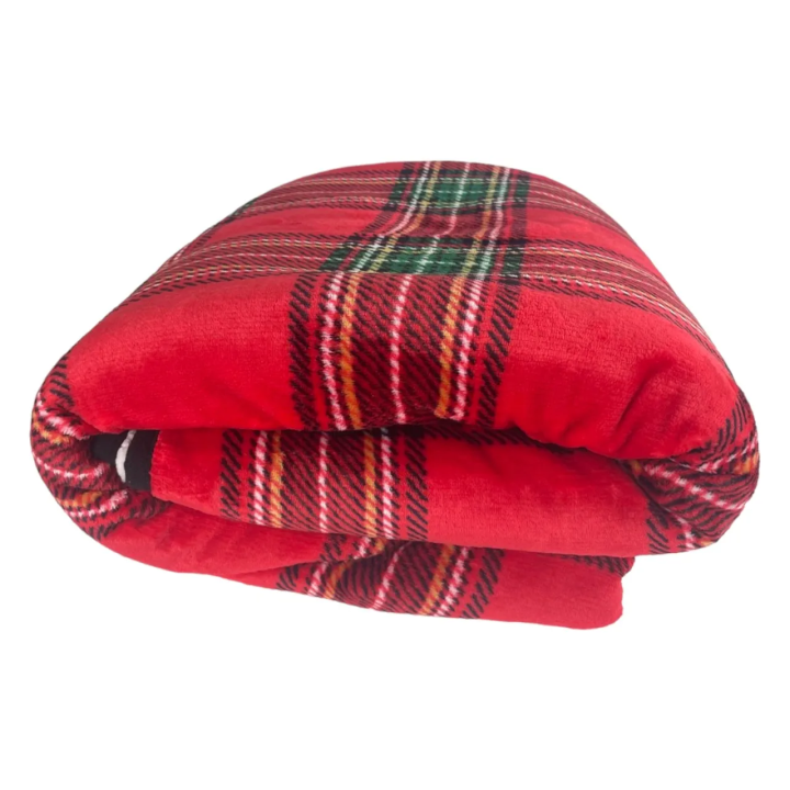 Czerwony koc polarowy w kratkę z ociepleniem, mięciutki koc dla dzieci