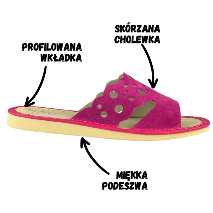 Skórzane pantofle damskie, różowe kapcie domowe - numer 373