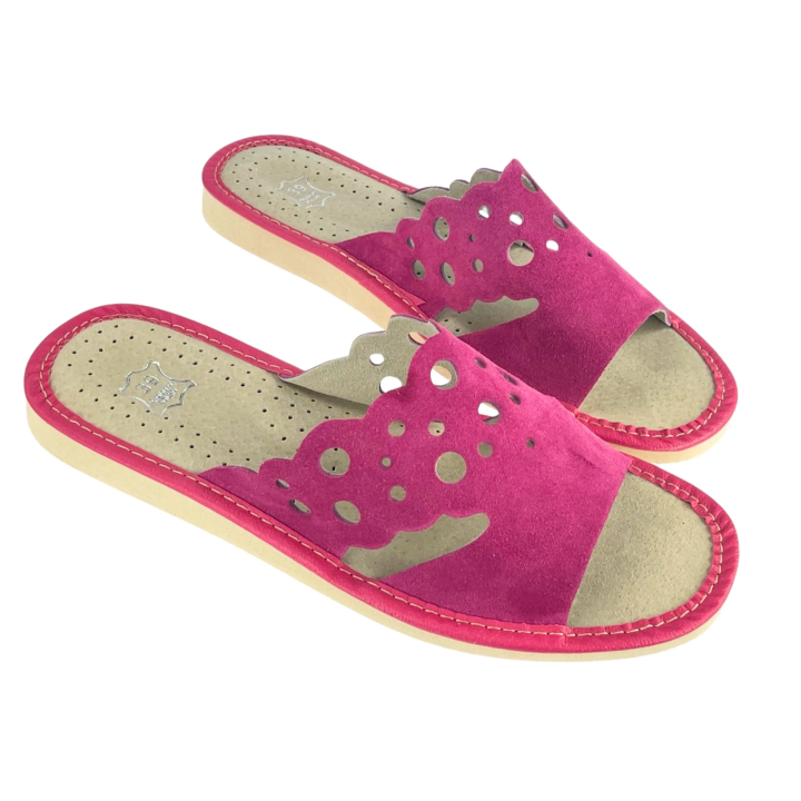 Skórzane pantofle damskie, różowe kapcie domowe - numer 373