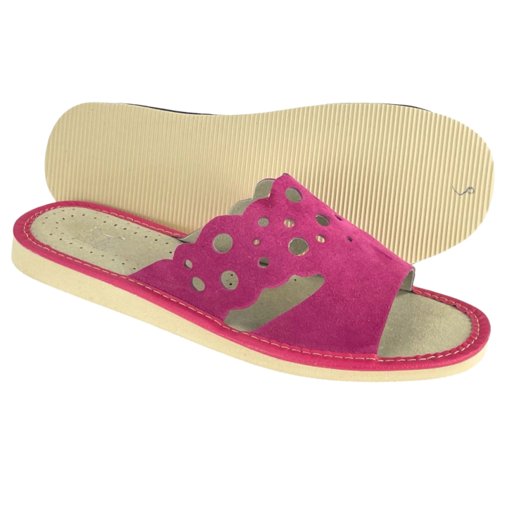 Skórzane pantofle damskie, różowe kapcie domowe - numer 373