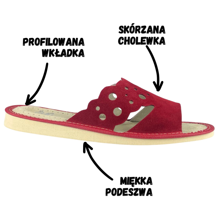 Skórzane pantofle damskie, czerwone kapcie domowe - numer 374