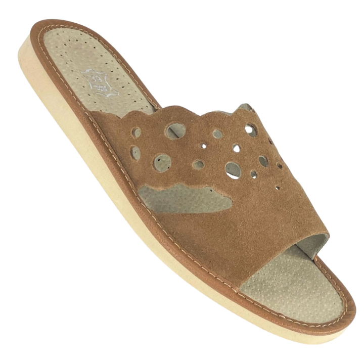 Skórzane pantofle damskie, musztardowe kapcie domowe