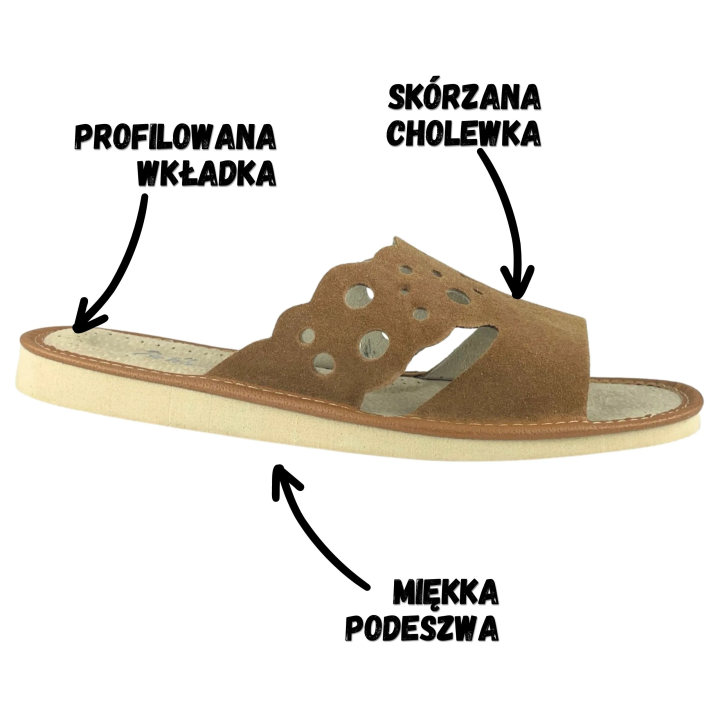 Skórzane pantofle damskie, musztardowe kapcie domowe