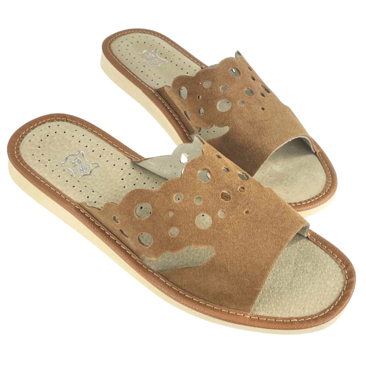 Skórzane pantofle damskie, musztardowe kapcie domowe