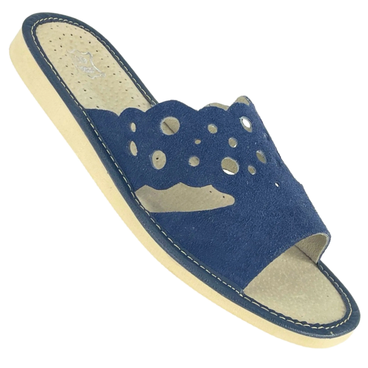 Skórzane pantofle damskie, ciemny granat kapcie domowe