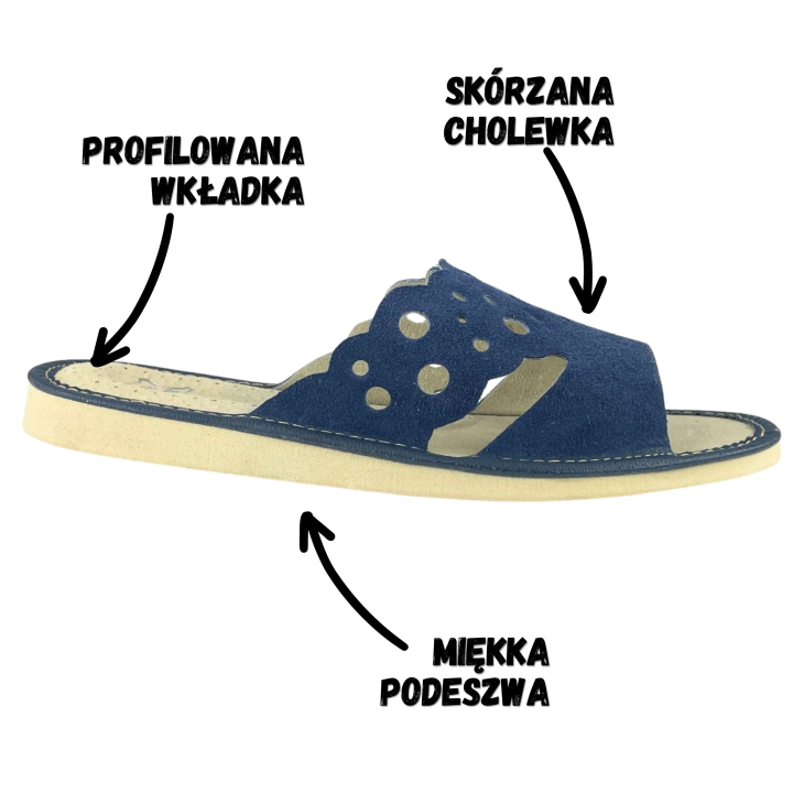 Skórzane pantofle damskie, ciemny granat kapcie domowe