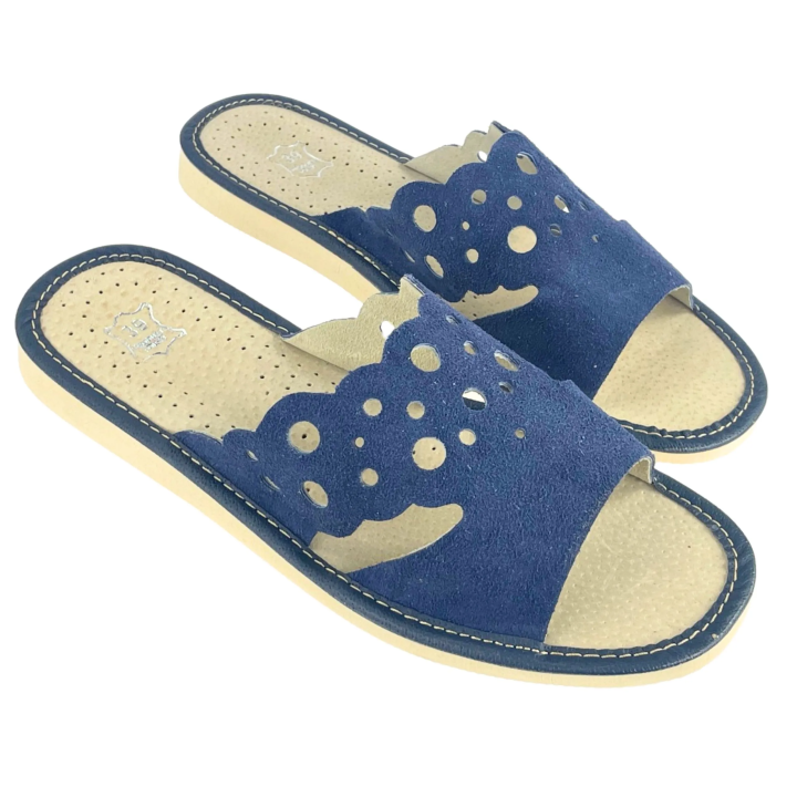 Skórzane pantofle damskie, ciemny granat kapcie domowe