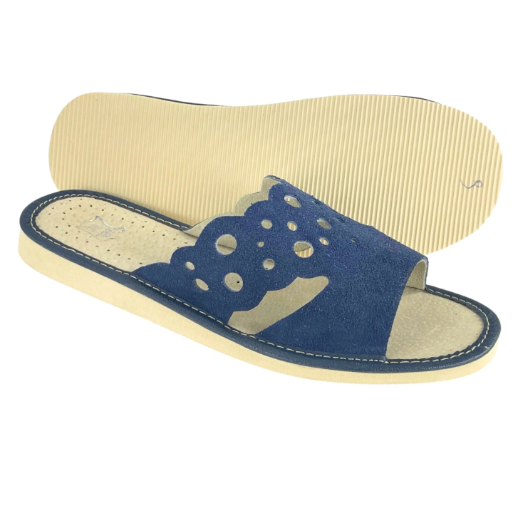 Skórzane pantofle damskie, ciemny granat kapcie domowe