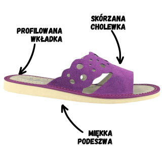 Skórzane pantofle damskie, fioletowe kapcie domowe