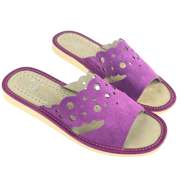 Skórzane pantofle damskie, fioletowe kapcie domowe