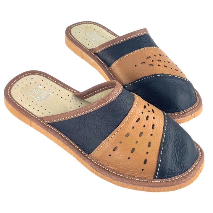 Kryte Damskie Skórzane Pantofle Domowe, brązowe pantofle laczki damskie