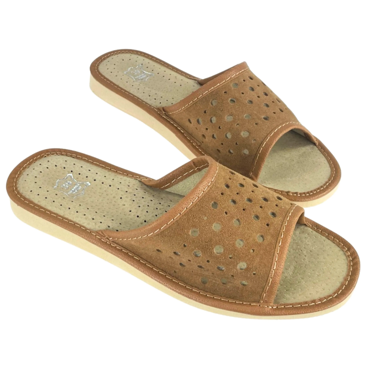 Lekkie ażurowe pantofle damskie skórzane, żółte pantofle damskie domowe - numer 382