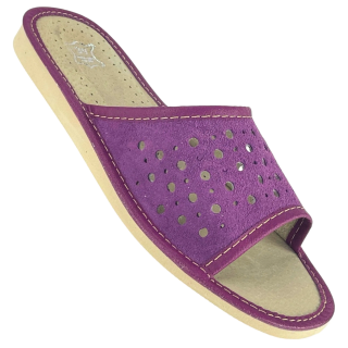 Lekkie ażurowe pantofle damskie skórzane, fioletowe pantofle damskie domowe