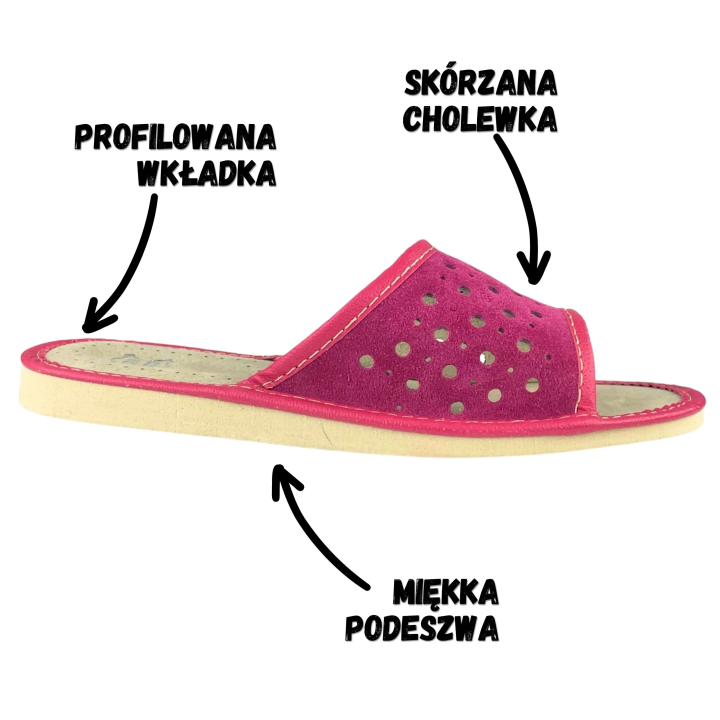 Lekkie i tanie różowe pantofle domowe, skórzane góralskie kapcie