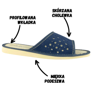 Granatowe kapcie zamszowe, góralskie skórzane pantofle domowe damskie