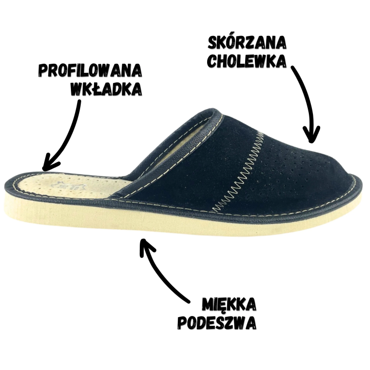 Czarne pantofle damskie, skórkowe laczki domowe, obuwie domowe damskie - numer 391