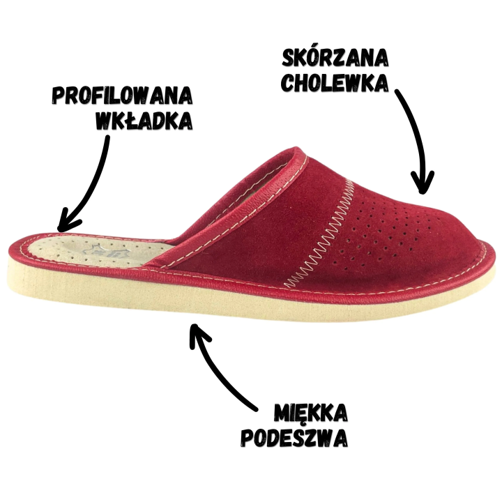 Pantofle damskie czerwone, zamszowe kapcie domowe - numer 392