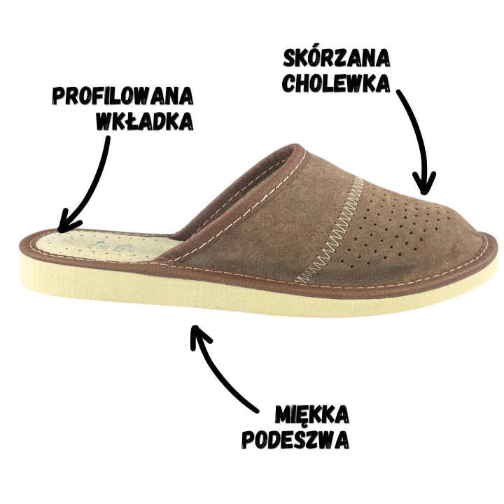 Brązowe ciapki damskie, skórzane pantofle damskie domowe