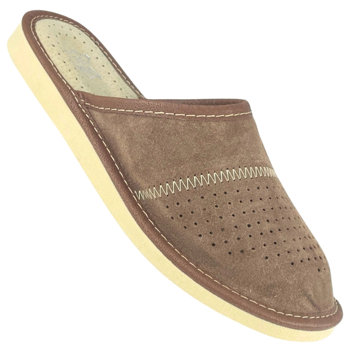 Brązowe ciapki damskie, skórzane pantofle damskie domowe