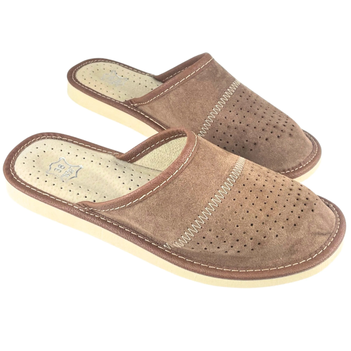 Brązowe ciapki damskie, skórzane pantofle damskie domowe