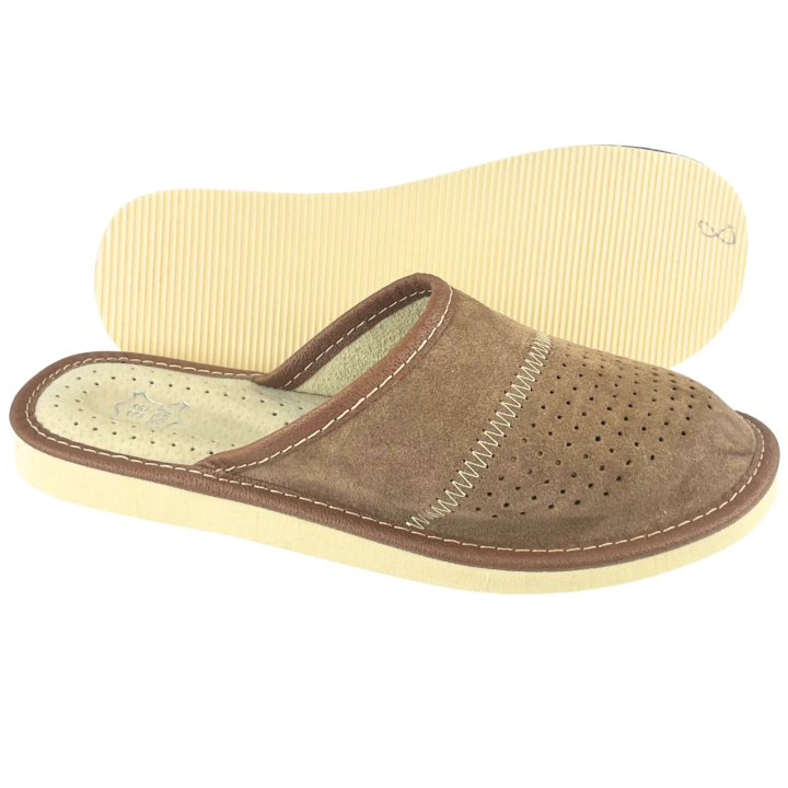 Brązowe ciapki damskie, skórzane pantofle damskie domowe