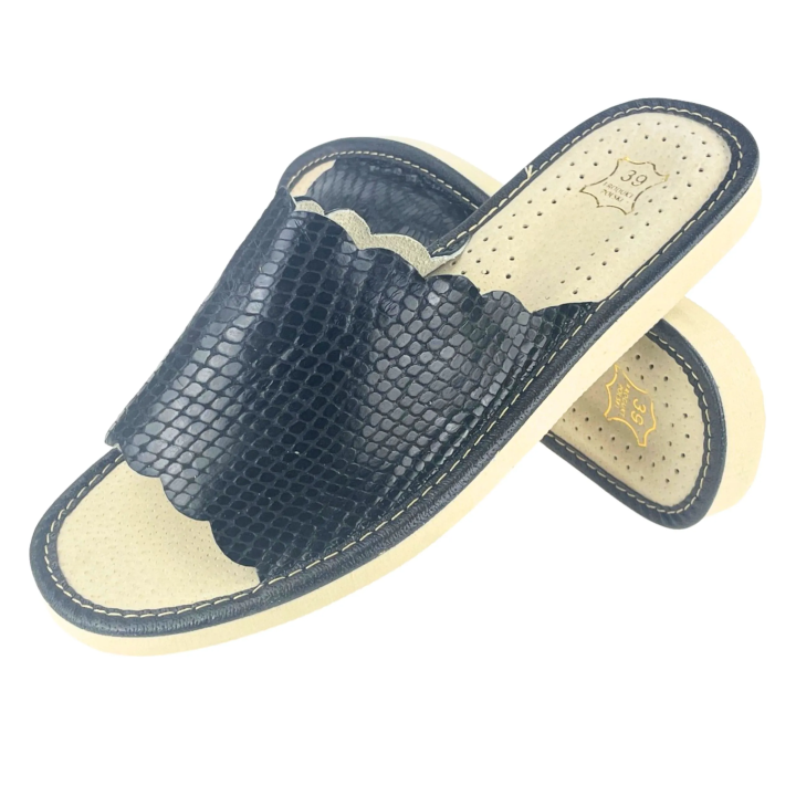 Laczki damskie domowe, skórzane klapki domowe