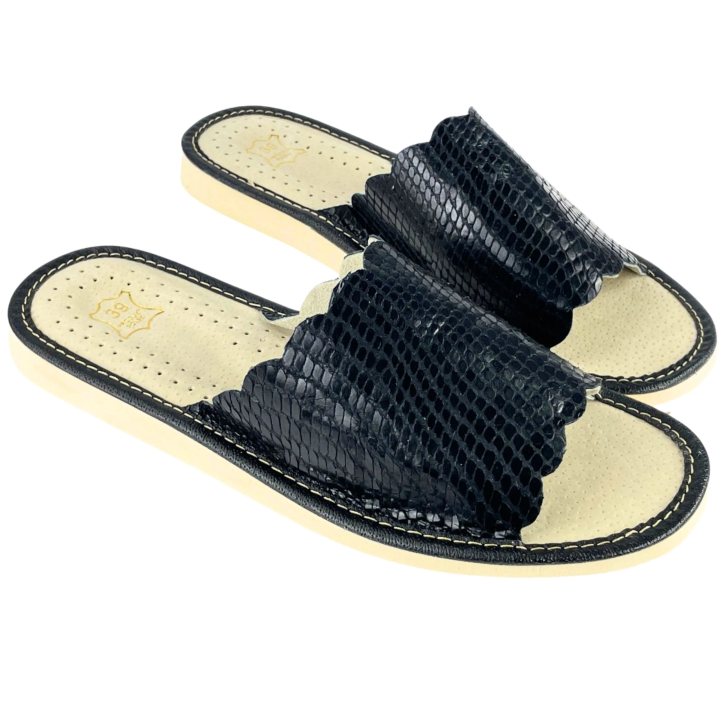 Laczki damskie domowe, skórzane klapki domowe