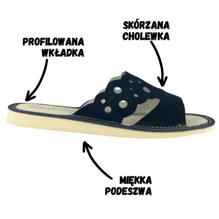 Skórzane pantofle damskie, czarne kapcie domowe - numer 376