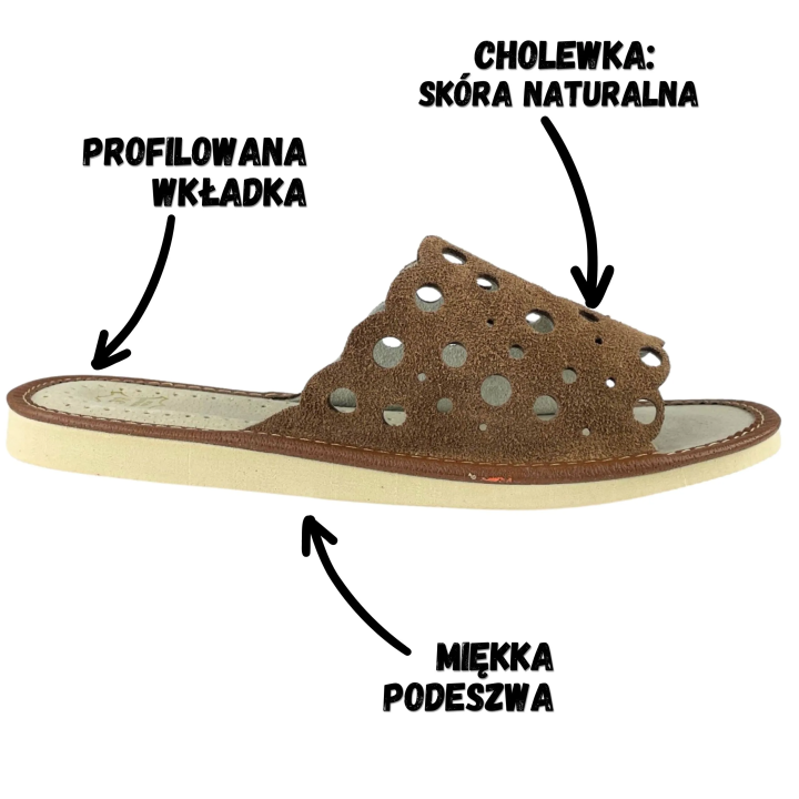 Skórkowe laczki damskie, kapcie domowe z profilowaną wkładką skórzaną