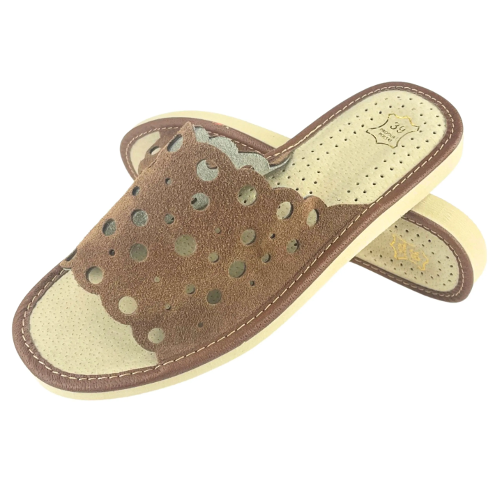 Skórkowe laczki damskie, kapcie domowe z profilowaną wkładką skórzaną