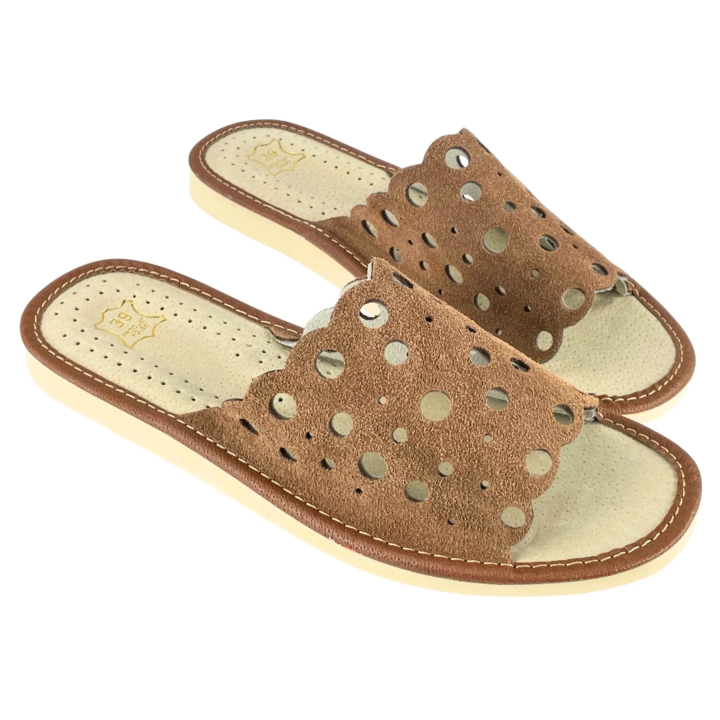 Skórkowe laczki damskie, kapcie domowe z profilowaną wkładką skórzaną