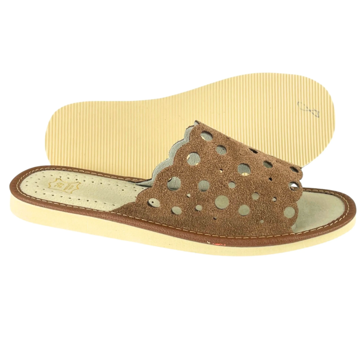 Skórkowe laczki damskie, kapcie domowe z profilowaną wkładką skórzaną